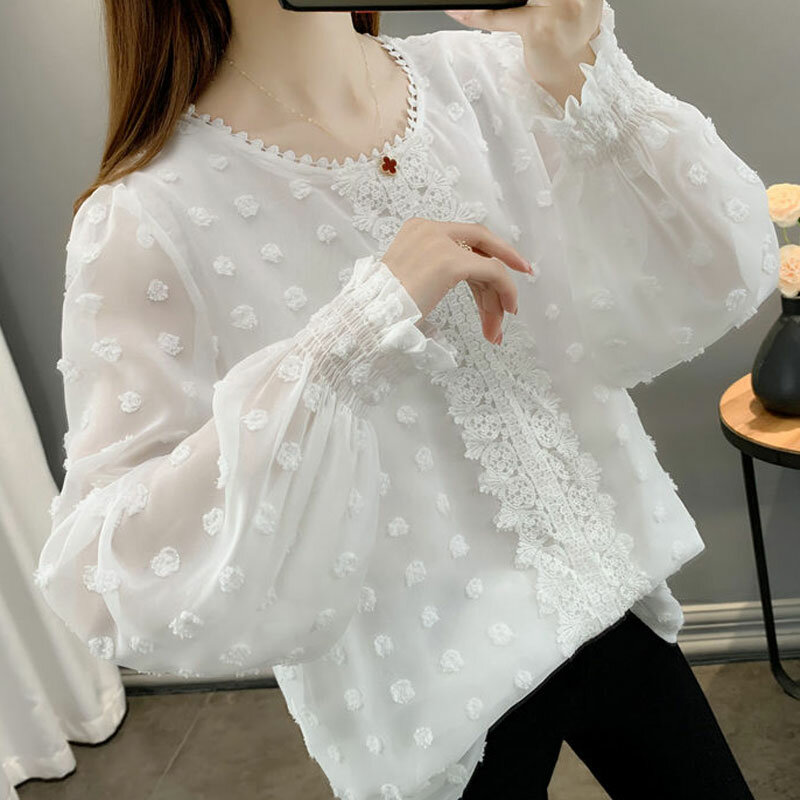 Кружевная белая шифоновая блузка с круглым вырезом и рукавами-фонариками в сказочном стиле свободная прозрачная блузка Милая женская тонкая с трехмерным принтом
