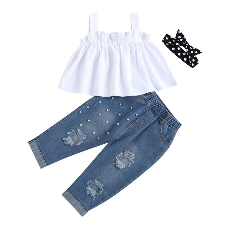 Летние комплекты из 2 предметов для девочек 2-6 лет, белые топы без рукавов на бретельках, Синие рваные джинсовые брюки, комплекты