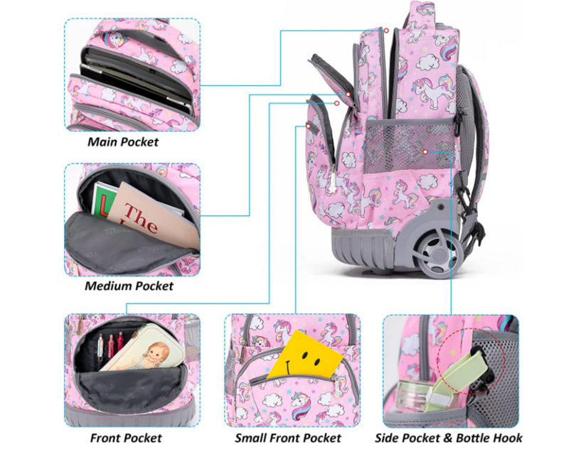 Maleta de equipaje con ruedas para niña, mochila escolar con múltiples compartimentos, bolsa con ruedas para viaje escolar