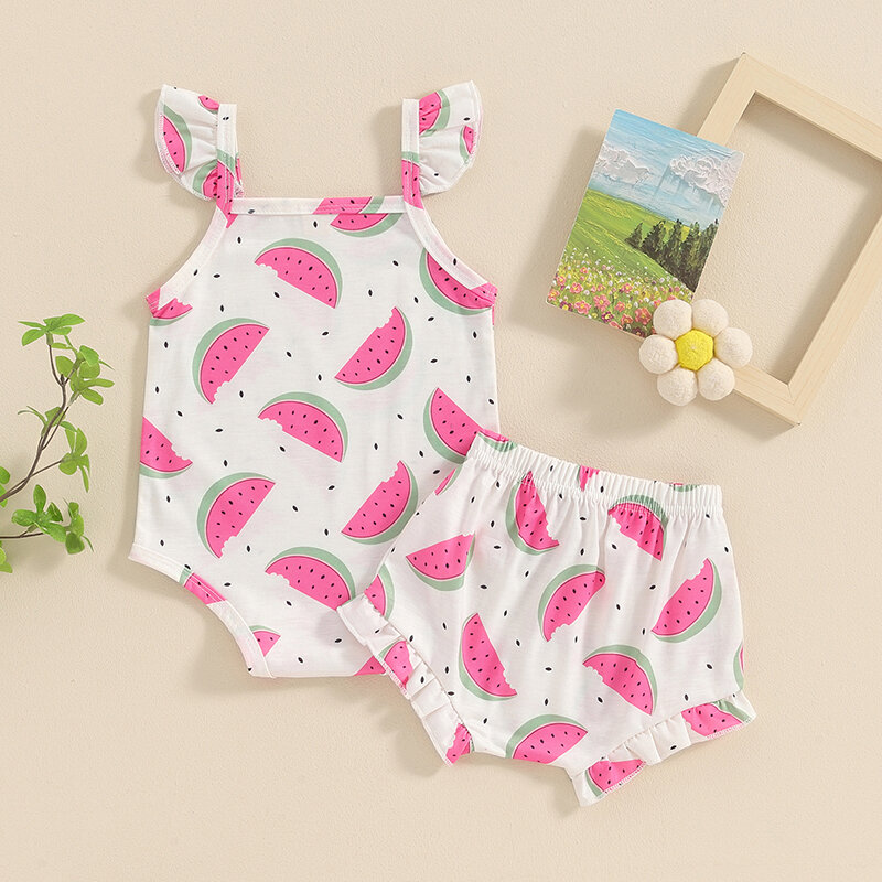 Infant Baby Girls 2Pcs Summer Outfits Sleeveless Watermelon/Floral Print Strap Romper + Shorts Set Clothes