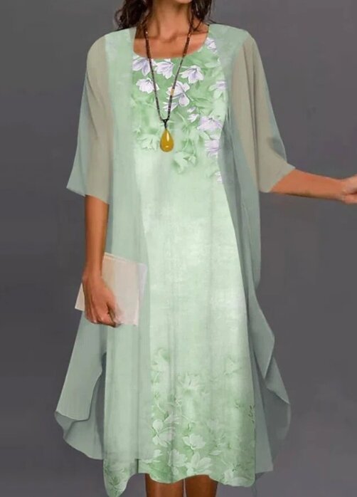Vestido de Chiffon de duas peças com estampa gradiente feminino, vestido manga com o decote, elegante, casual, comutador, moda, verão