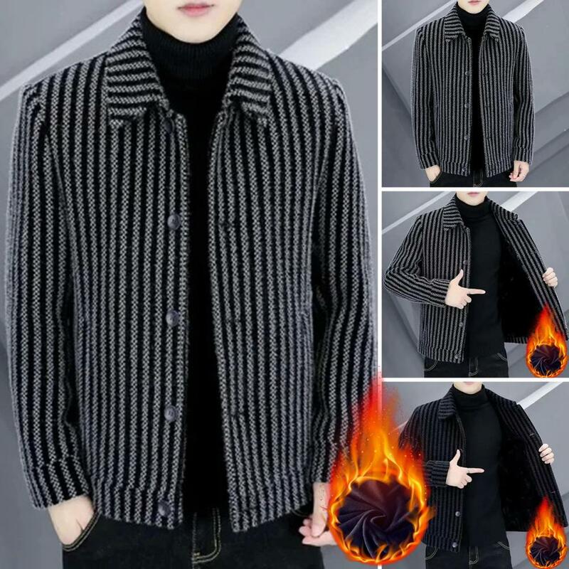 Classic Men Jacket Striped Single-breasted Men's Cardigan Coat Thick Warm Mid Length Business Style Jacket for Casual Plus Size