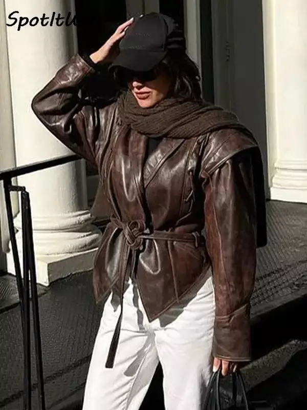 Куртка женская из искусственной кожи, с V-образным вырезом