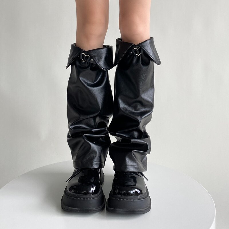 Y2k Leder Revers Bein abdeckungen gemütliche Spitze warme Beinlinge kniehohe schwarze Subkultur Stiefels ocken Frauen Mädchen