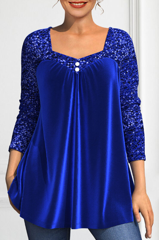Flycurvy-Camisa com gola quadrada com lantejoulas, plus size, casual, azul royal, veludo, espumante, patchwork