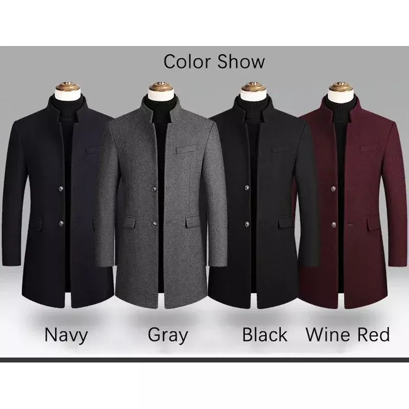 Brand BROWON biznesowy na co dzień trencz męski chiński styl jednolity kolor zimowy płaszcz męski 2024 jesienno-zimowy wełniany płaszcz dla mężczyzn