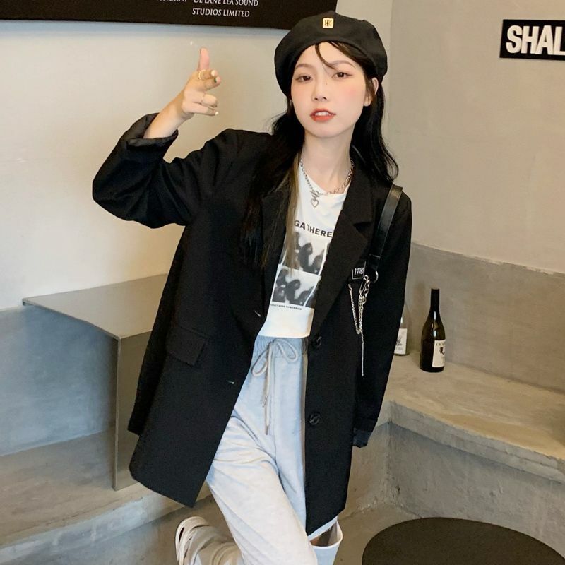Lnsozkdg czarne luźne żakiet z dzianiny dresowej dla kobiet koreańska moda Streetwear z długim rękawem damskie wiosenne jesienne marynarka casualowa