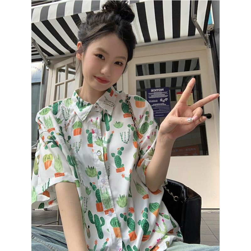 قميص نسائي مطبوع عليه صبار قطع علوية نسائية جميلة تناسب جميع المقاسات ملابس الشارع الكورية Harajuku ملابس نسائية بلوزة نسائية