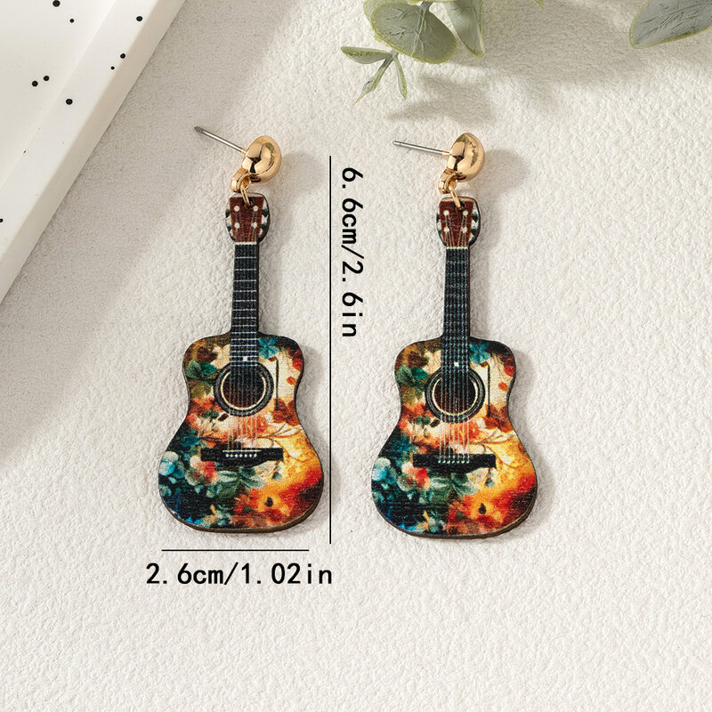 1 pair of guitar music festival wooden printed women's earrings