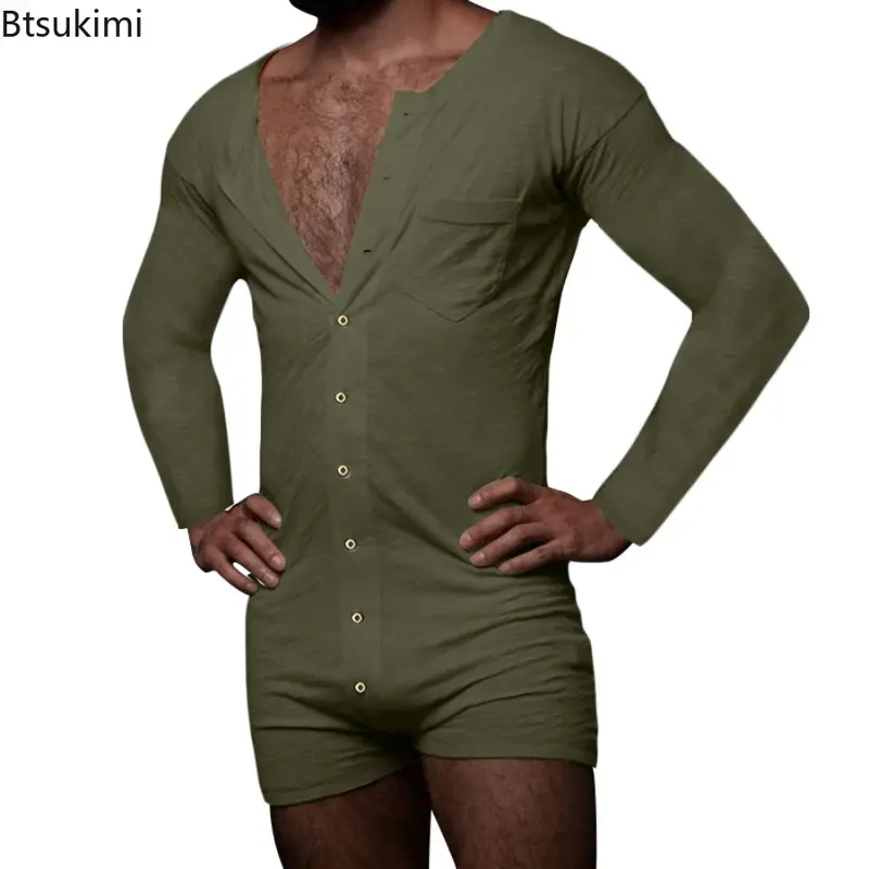 New 2024 Men's Sexy Pajamas Sets Casual One Piece Men Long Sleeve Solid Romper Single-breasted Jumpsuit Sleepwear Nightwear Male