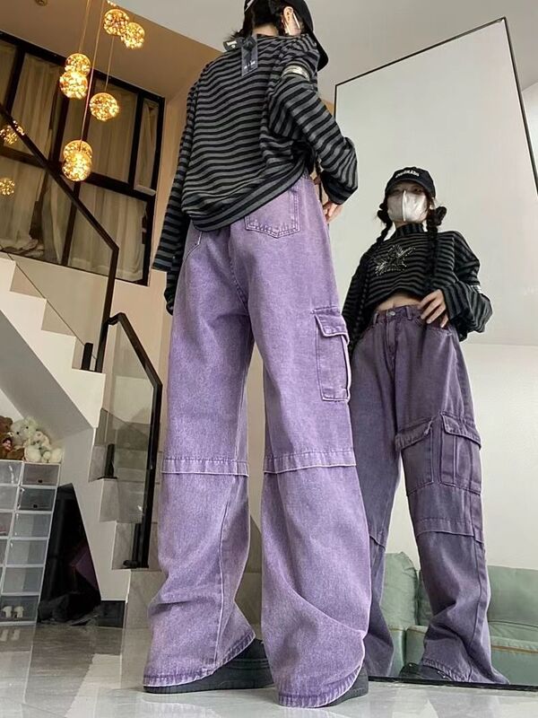 Salopette en jean taille haute pour femme avec plusieurs poches, salopette droite polyvalente, violet, style hongkongais, rétro, automne