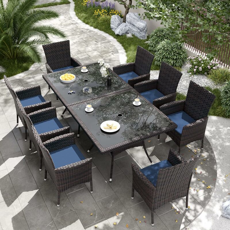 10-Piece Patio Outdoor Dining Set, Wicker Furniture Set of 8 Rattan Chairs with Cushions and 2 Square Table with Umbrella Cutout