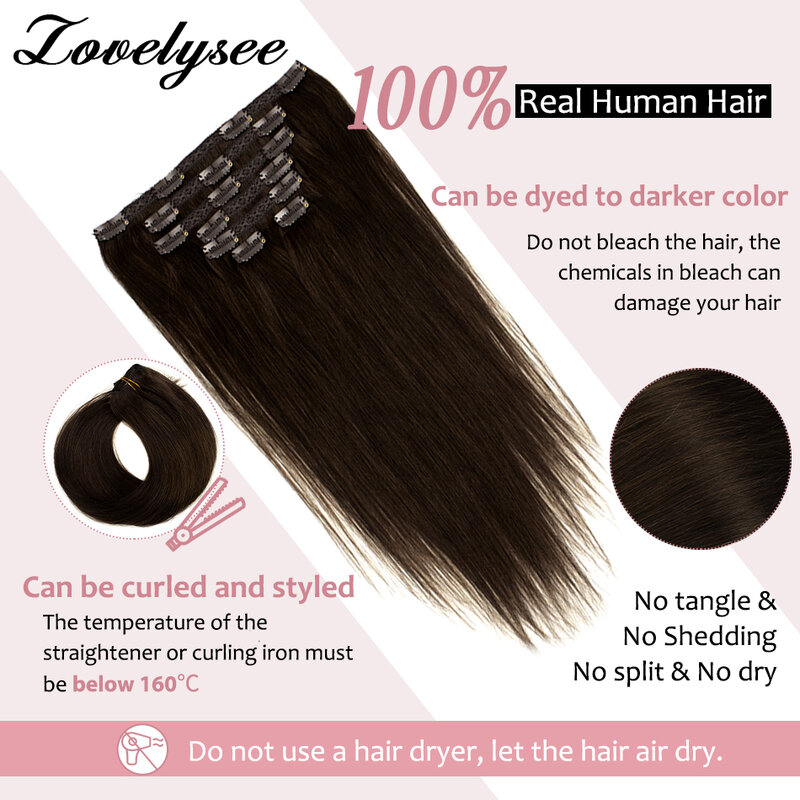 Extensiones de cabello humano 100 Remy, pelo liso brasileño con Clip, Color Natural, 7 piezas, marrón oscuro, 100% g