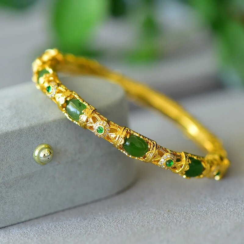 Esculpido oco cobre embutidos pulseiras JASPER para mulheres, pulseira de jade natural, encantos elegantes, presentes da jóia