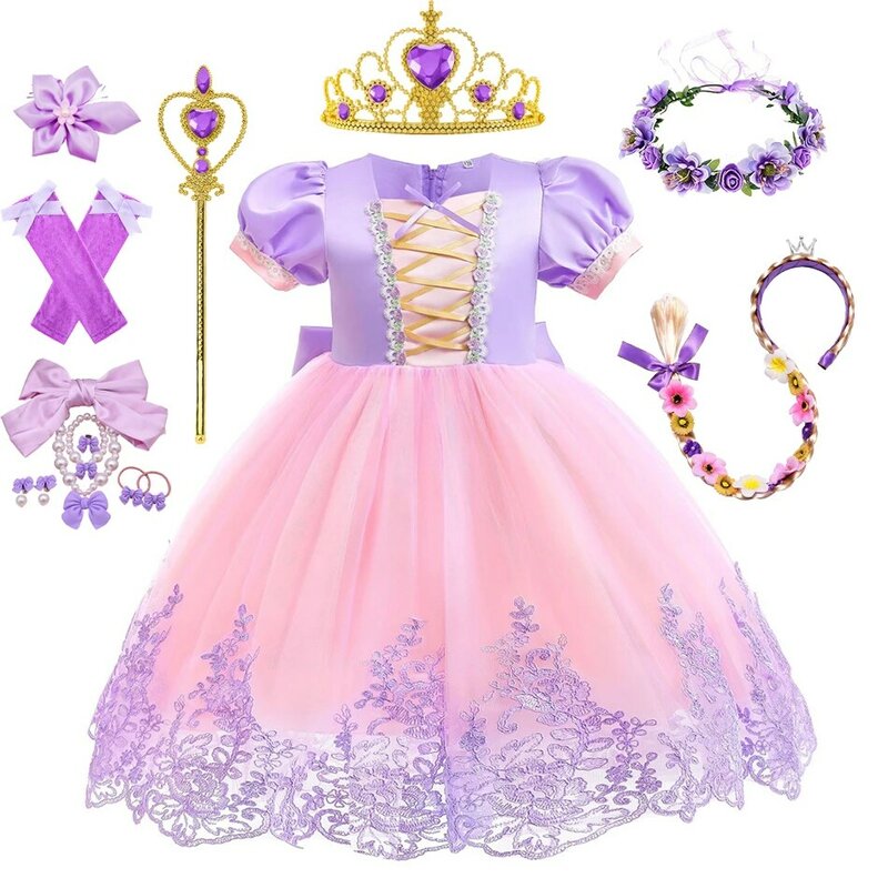 Vestido princesa Rapunzel para criança, fantasia Cosplay extravagante, vestidos de manga folhada, vestido de Natal, festa de Halloween, rosa, 1-6T