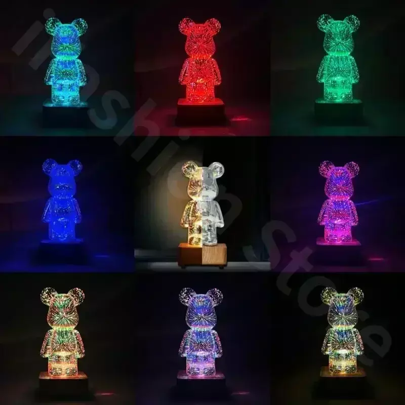 Luz LED nocturna de fuegos artificiales de oso 3D, proyector USB, lámpara ambiental cambiable de Color, adecuada para decoración de habitación de niños y dormitorio