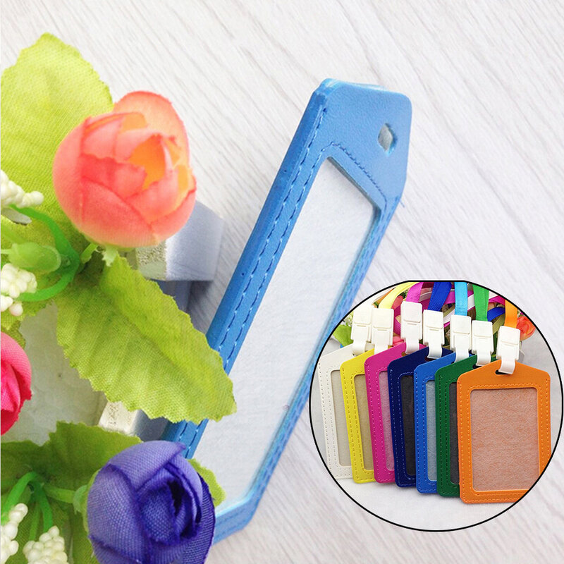 1PCS PU Bank Card Neck Strap Card Bus ID Holders Candy Colors Women Men Name Credit Card Holders Identity Badge With Lanyard