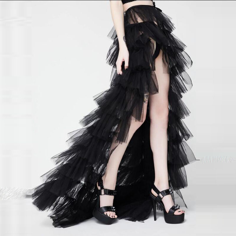 فستان سهرة أسود مع شق أمامي قابل للفصل ، تنورة تول طبقات مع قطار قابل للإزالة ، تنورة زفاف