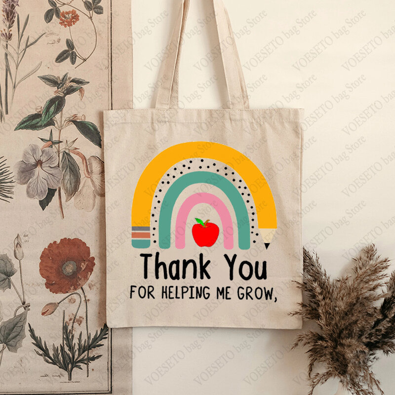 Terima kasih membantu saya tumbuh pola pelangi tas belanja tas bahu kanvas dapat digunakan kembali tas Tote penyimpanan lipat hadiah untuk guru