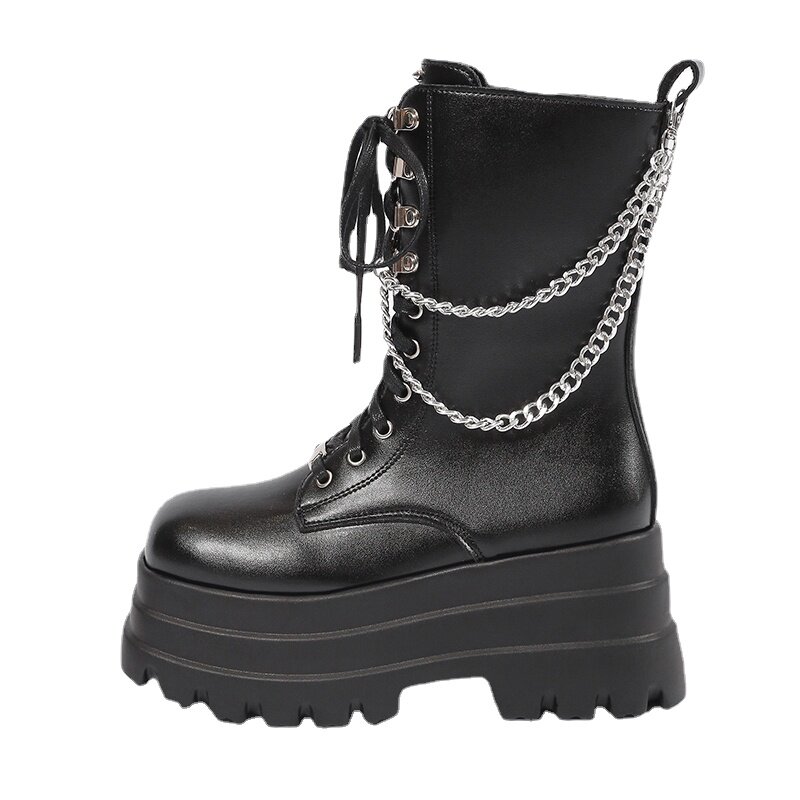 New Women's Platform Shoes 2023 Fashion Plus Size Square Toe Metal Chain Zipper Ankle Boots for Women Winter Chunky Heel Shoes