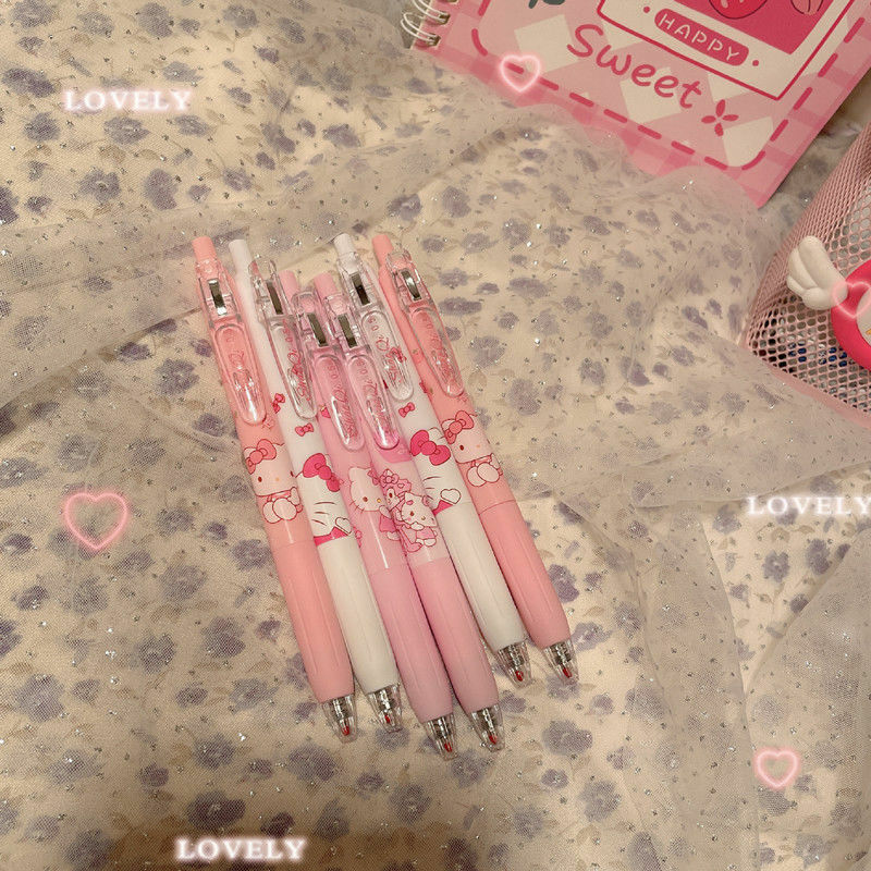 4Psc ชุด Sanrio Hello Kitty ปากกาหมึกเจลหญิงเครื่องเขียนจำนวนมากกดปากกา Kawaii สีชมพูนักเรียนทุ่มเทปากกาอุปกรณ์โรงเรียน