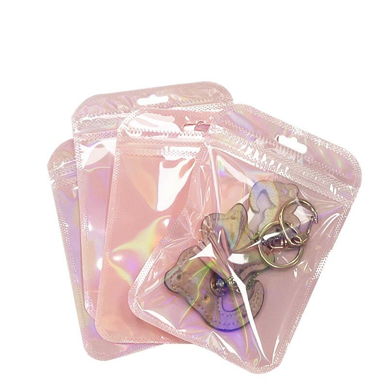 50 Stuks Holografische Laser Transparant Plastic Rits Sieraden Tas Zakje Voor Kralen Cadeau Opslag Kleine Zakelijke Verpakking Benodigdheden