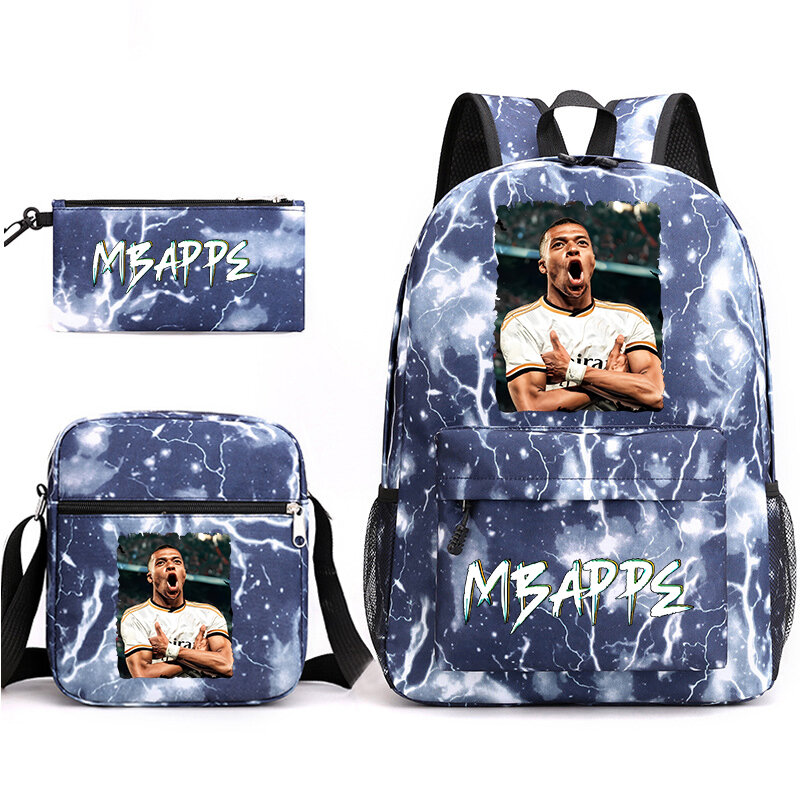 Mbappe avatar print student backpack set children's school bag shoulder bag pencil case 3-piece set