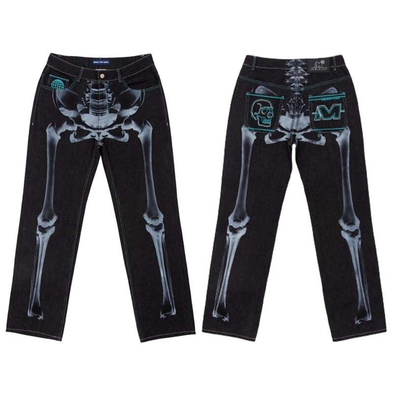 Jeans Hip-Hop estilo Harajuku masculino, estampa de caveira, jeans Y2K, calças de perna larga, streetwear gótico, novo, 2023