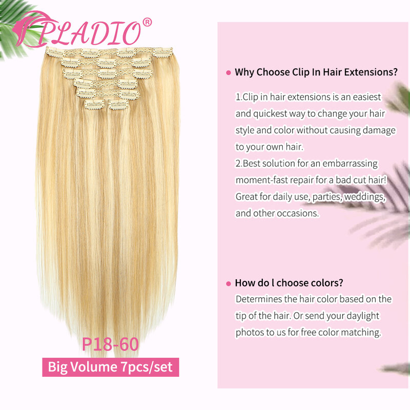 PLADIO-extensiones de cabello humano Natural Remy para mujer, pelo liso sin costuras, 7 piezas, 100G, 200G