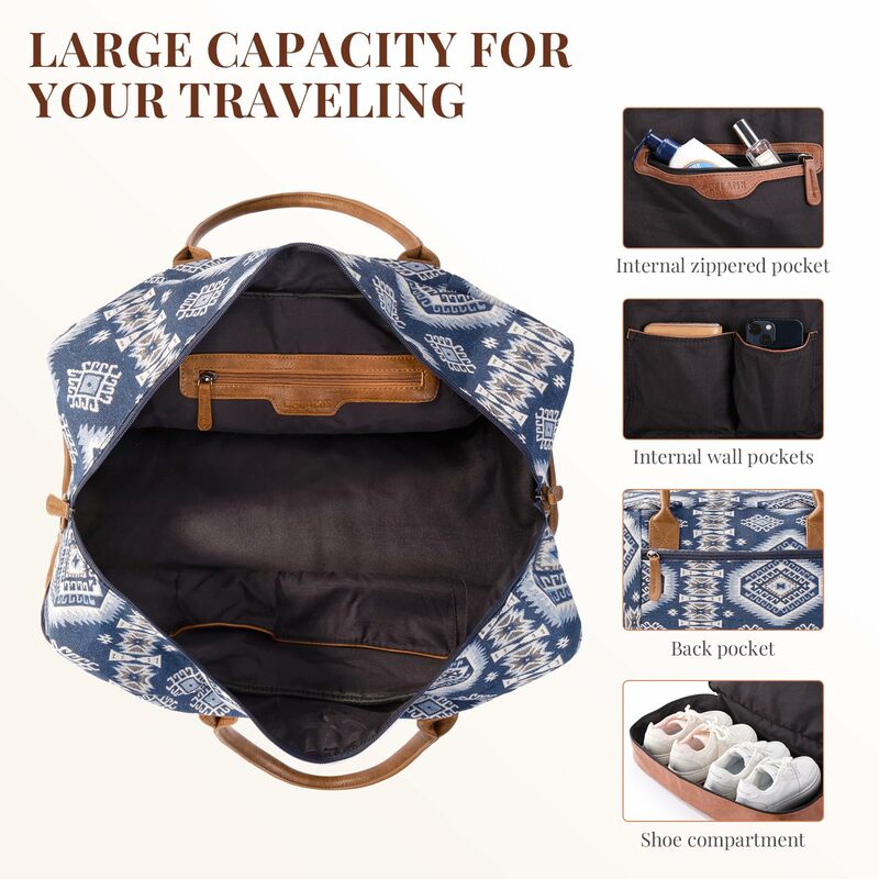 Women Large Capacity Folding Travel Bag Carry-On Luggage Bohemian Style Duffle Bag Overnight Bags With Separated Shoes Compartme