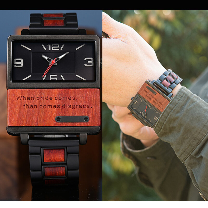 Orologio da uomo in legno, orologio impermeabile resistente ai graffi al quarzo con puntatore quadrato creativo semplice, orologio personalizzato casual