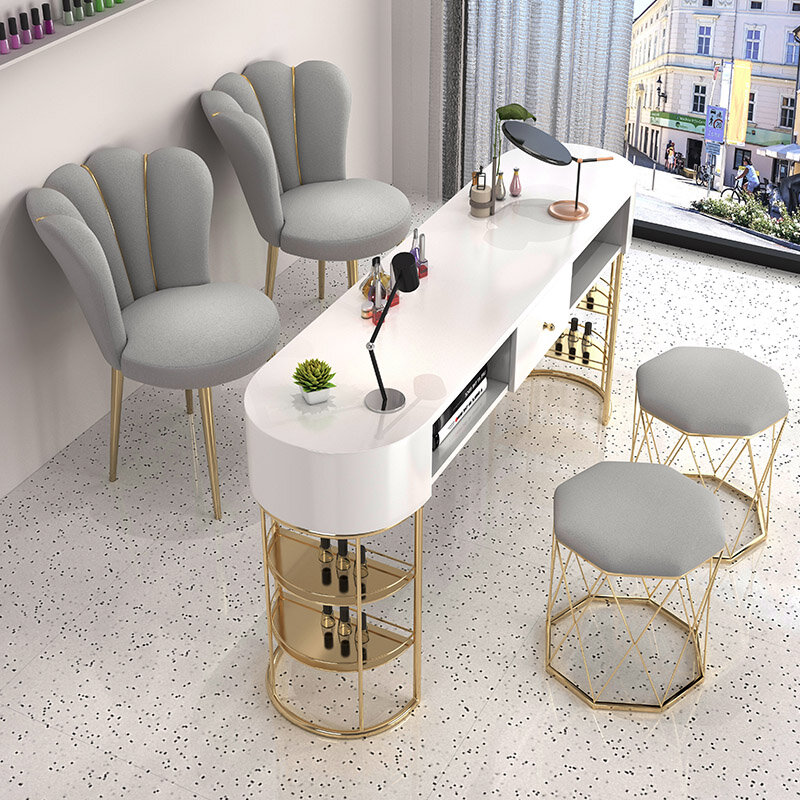 Organizador de diseño dorado para escritorio de uñas, cajón profesional de lujo, mesa de uñas moderna, silla nórdica, muebles de salón