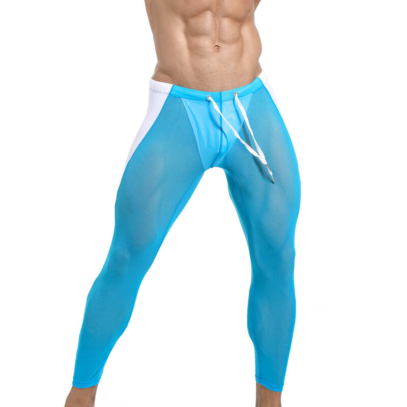 Men Long Pants Thin Nylon Transparent Sexy Gay Underwear Men Tight Legging Long Johns Skinny Fitness Riding Sleep Bottoms