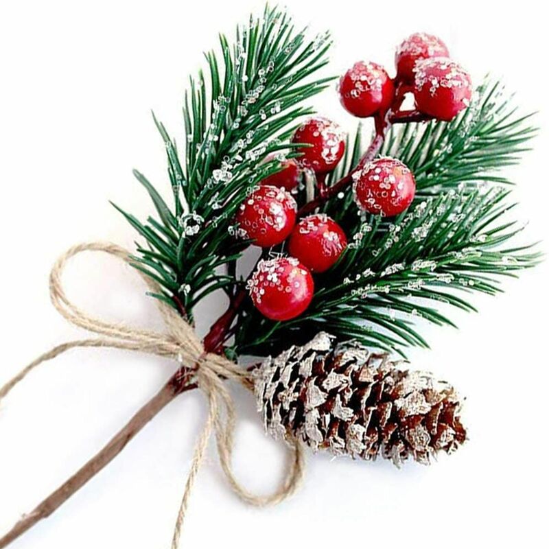 레드 베리 줄기 소나무 가지, 에버그린 크리스마스 베리 장식, 인공 소나무 콘 가지 공예, 화환 선택, 8 개