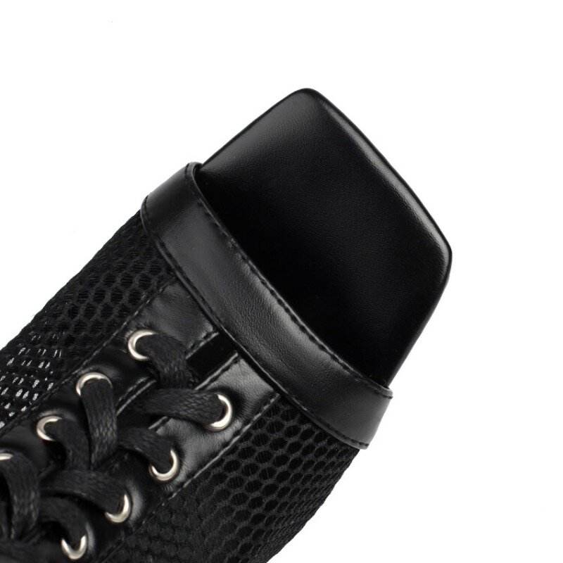 Sandalias de tacón alto de malla con punta abierta para mujer, botas cortas hasta el tobillo, con cremallera, zapatos de cabeza cuadrada, a la moda, 35-43
