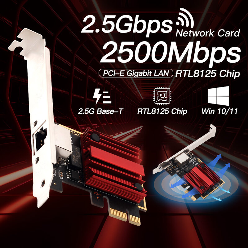 Adaptador LAN Gigabit para PC, PCI-E, RTL8125B, Placa de Rede Expressa, Ethernet, Windows 7, 8, 10, 11, Linux, 2500Mbps, 2500Mbps