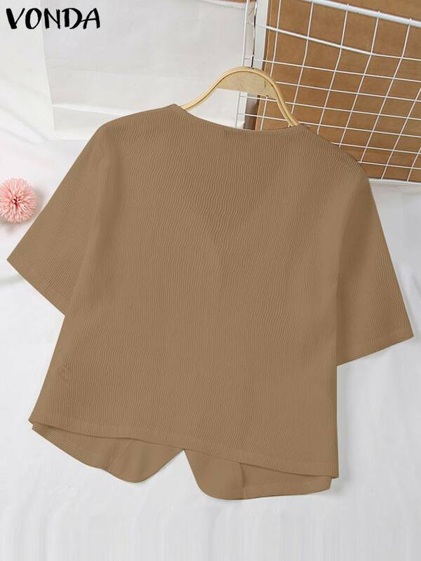 Women Shirts 2023 VONDA Summer Elegant Short Sleeve Blouse Sexy V-neck Casual Solid Tunic Tops Loose Button Blusas Femininas