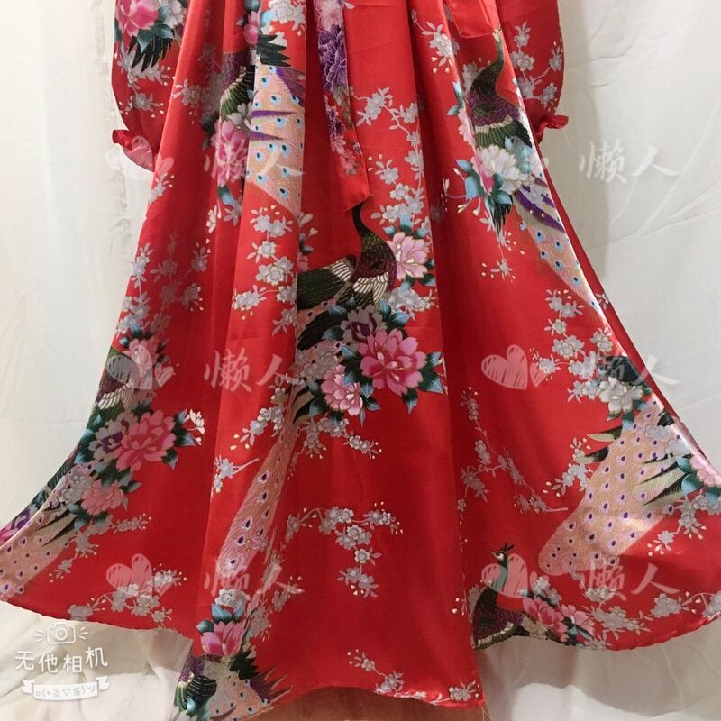 Pássaro lustroso feminino imprime vestido de cetim manga longa com faixa vestido Maxi solto, plus size robe de dormir