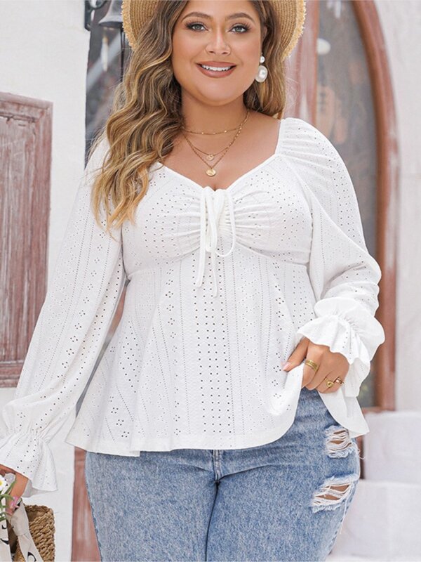 Plus Size Lente Pullover Tops Vrouwen Uitgehold Mode Sexy Ruche Geplooide Dames Cropped Blouses Lange Mouw V-Hals Vrouw Tops