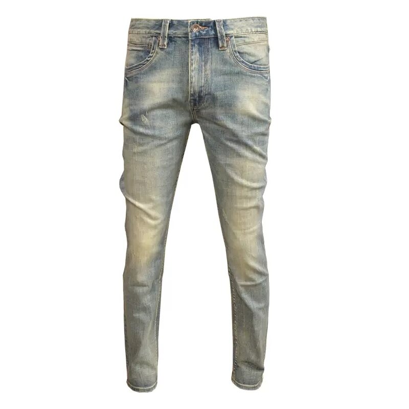Estilo italiano moda masculina calças de brim retro lavado elástico fino ajuste rasgado calças de brim estiramento do desenhista do vintage calças hombre