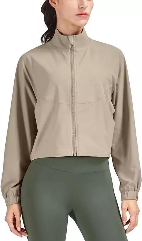 Jaket olahraga atletik wanita, kaus olahraga lengan panjang pelindung matahari UPF 50 + Jaket potong risleting lari Yoga Gym wanita