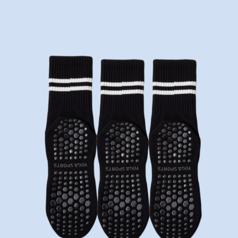 ถุงเท้าเล่นโยคะสำหรับผู้หญิงสีขาวดำ3คู่ทำจากผ้าฝ้ายแท้กันลื่นสำหรับใส่ในบ้านฟิตเนสพิลาทิส