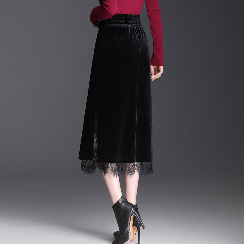 Lace Spliced Pleuche Slim Fit Casual Black Skirt Women Autumn Winter Elegant Vintage High Waist Bodycon Long Pencil Skirts 99639