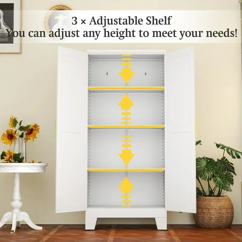 White Metal Storage Cabinet, 61" Steel File Cabinet for Home Office, Kitchen Pantry Storage Cabinet with Doors and 3 Adjustable