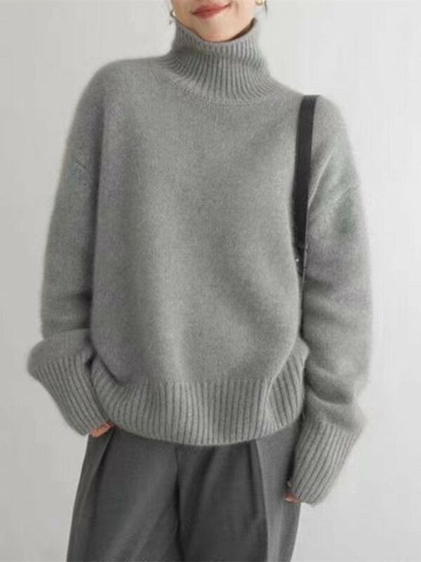 Camisola de caxemira de gola alta para mulheres 100% pura lã, tricô solto, pulôver de tamanho grande feminino, senhoras, outono, inverno, novo, 2023