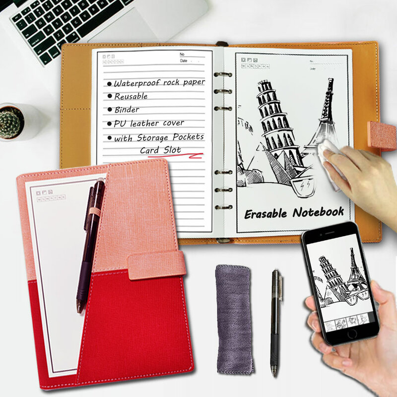 Notebook de couro inteligente com caneta apagável, A5 Notepad reutilizável, Drawing Planner Binder, impermeável, armazenamento em nuvem, material escolar e de escritório