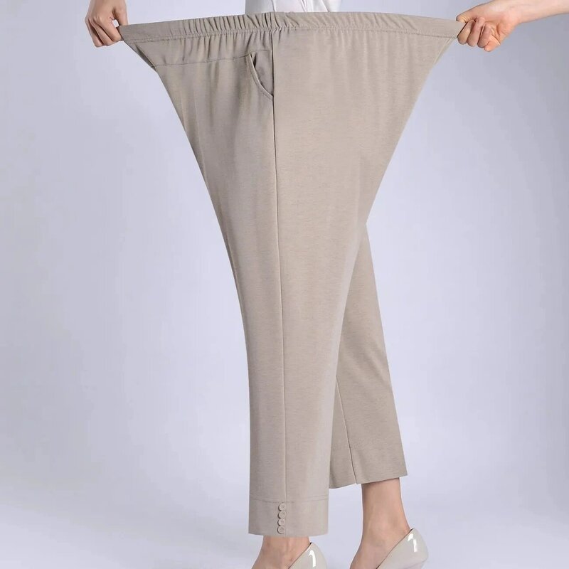 Celana panjang lurus wanita paruh baya, celana panjang kasual longgar pinggang elastis tipis musim panas 7XL 8XL