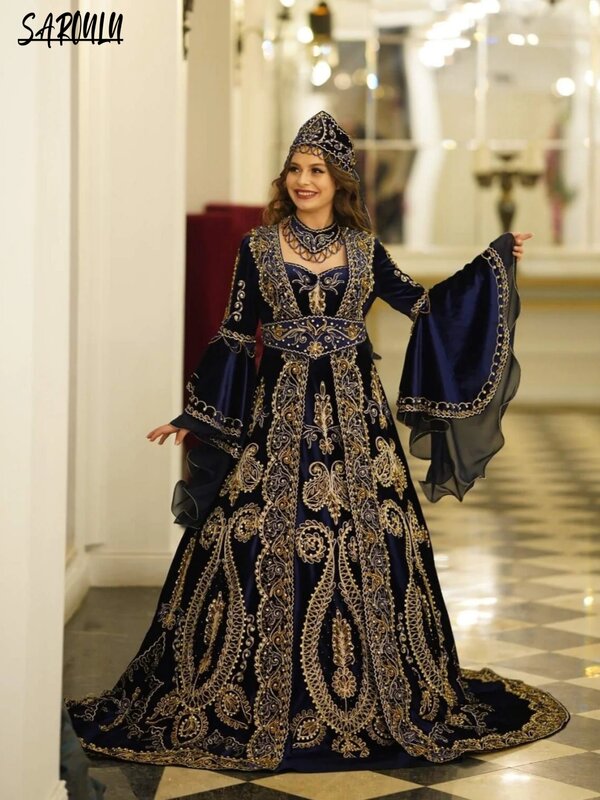 トルコの長袖カフタン,伝統的な手作りのドレス,イブニングドレス,ビーズのパーティードレス,大きなサイズ