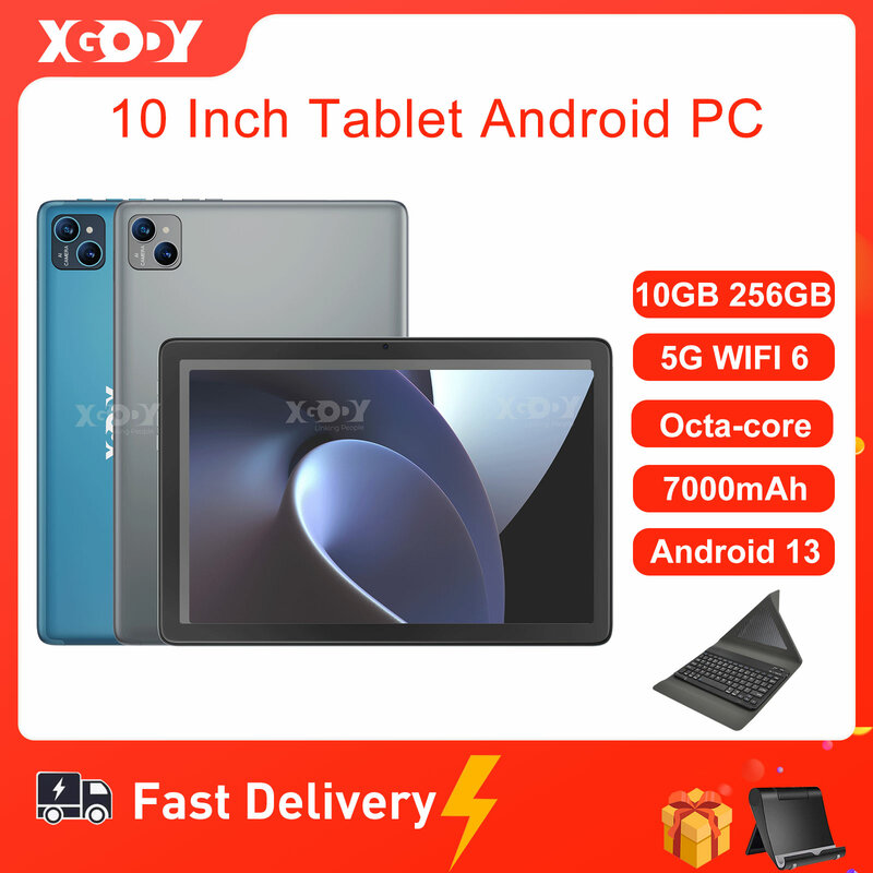 XGODY-Tablet Android, Octa-Core, Tela IPS, 10GB, 256GB, PC, Ultra-fino, 5G, WiFi, Bluetooth, Tipo-C, 7000mAh, tablets com teclado, 10"