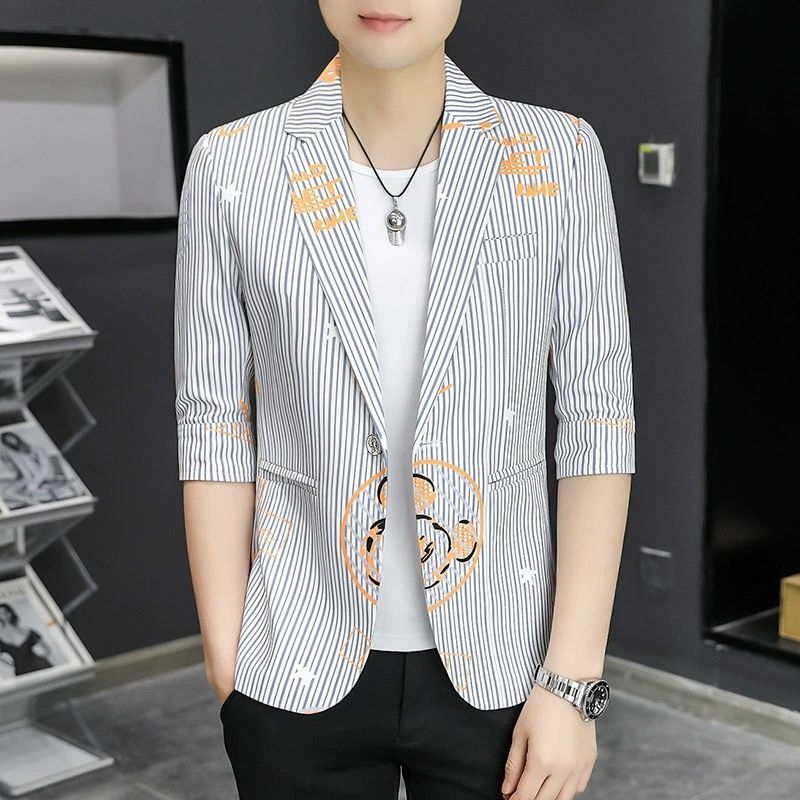 3-A3 Men's suit three-point summer thin mid-sleeve suit Korean style slim htylist plaid single suit fashionable men's jacket